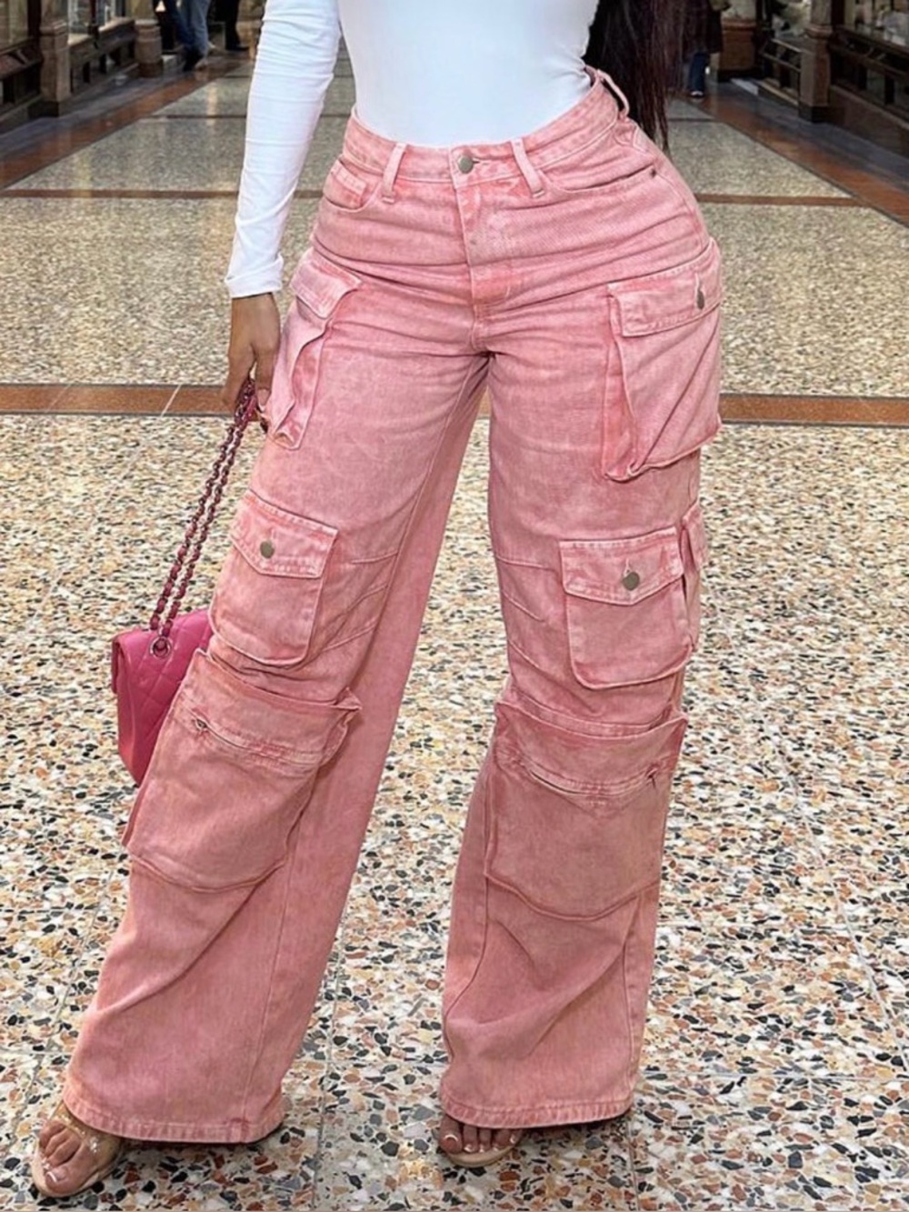 Fashion Nova Pink Cargo Wide Leg Jeans